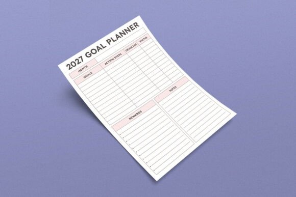 2027 goal planner template with sections for goals, action steps, deadlines, status, rewards, and notes on A4 layout