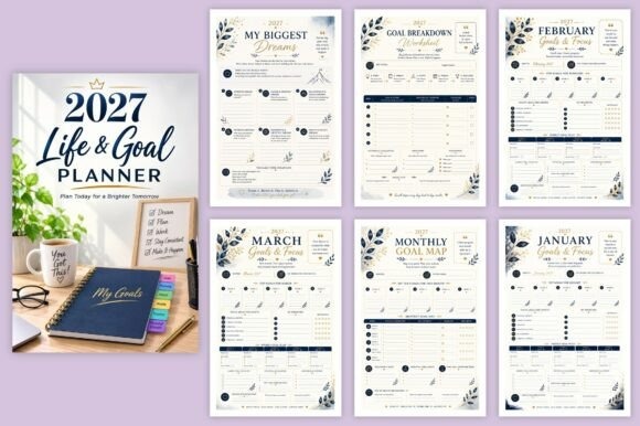 2027 Life & Goal Planner yearly planner template designs showing goal-setting and monthly planning pages with floral accents