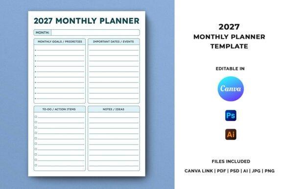 2027 Monthly Planner Template with sections for monthly goals, important dates, to-do items, and — planner template designs
