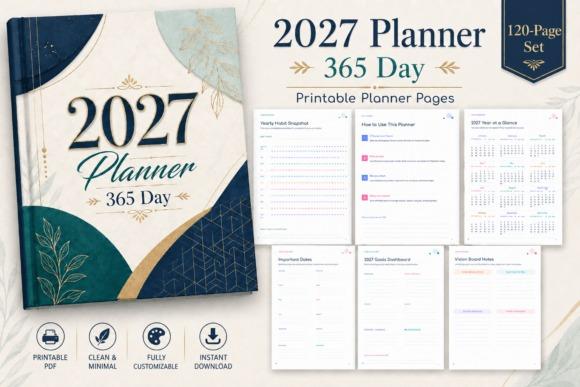 2027 planner template designs with 365 day dated pages and yearly, monthly planning sections