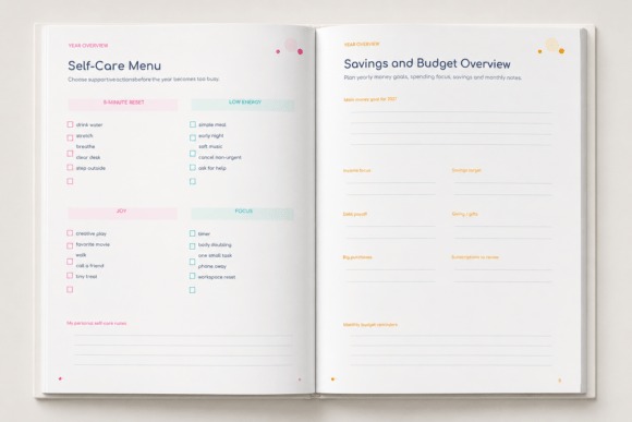 Open planner showing self-care menu and savings and budget overview pages in a 2027 dated planner — planner template designs