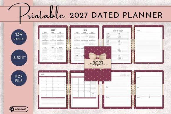 2027 dated planner template designs showing calendar pages, contact list, monthly layouts for appointments and goals