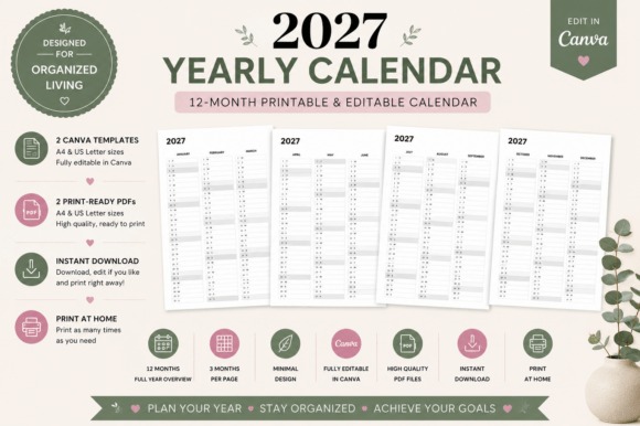 2027 yearly planner template designs showing four pages with three months per page, editable in Canva, A4 and US Letter sizes