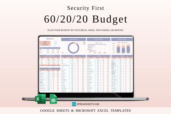 60/20/20 budget planner template displayed on a laptop screen showing charts and tables for monthly money management