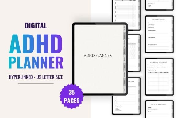 Goodnotes study planner template showing digital ADHD planner with 35 hyperlinked pages in US letter size