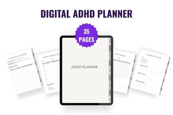 Goodnotes study planner template showing a digital ADHD planner with 35 pages including habit tracker and weekly planning