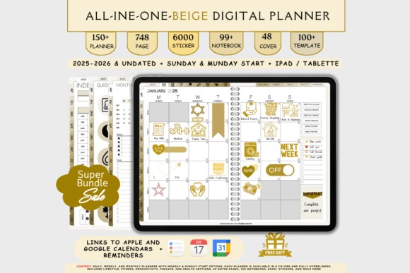 Goodnotes study planner template showing beige all-in-one digital planner with calendar, stickers, and multiple layouts on