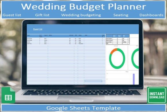 wedding planner templates Google Sheets budget planner with guest list and seating charts on laptop screen