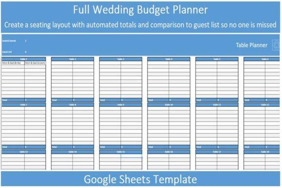 Wedding planner templates Google Sheets seating layout with automated totals and guest list comparison