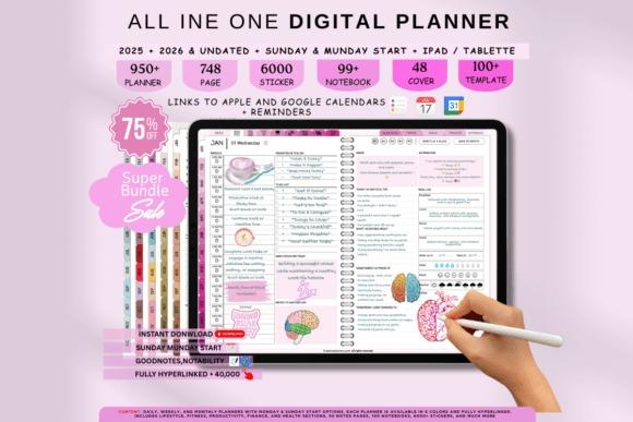 iPad planner template showing dated and undated pages with multiple layouts and color themes on a tablet