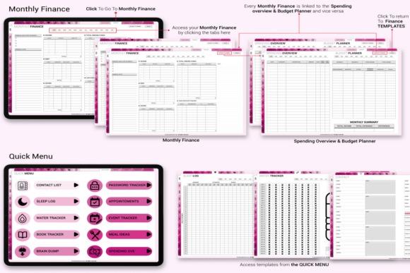 iPad planner template showing monthly finance, spending overview, budget planner, and quick menu with various trackers and