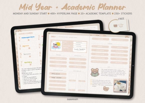 Goodnotes study planner template showing a mid year academic planner with hyperlinked pages and stickers on tablets