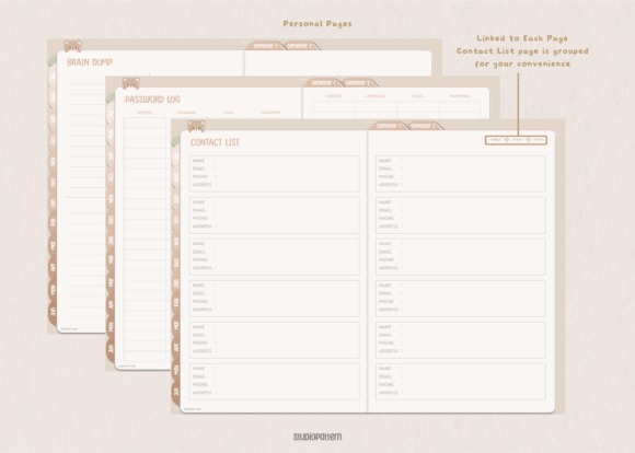 Goodnotes study planner template showing personal pages including brain dump, password log, and contact list with organized