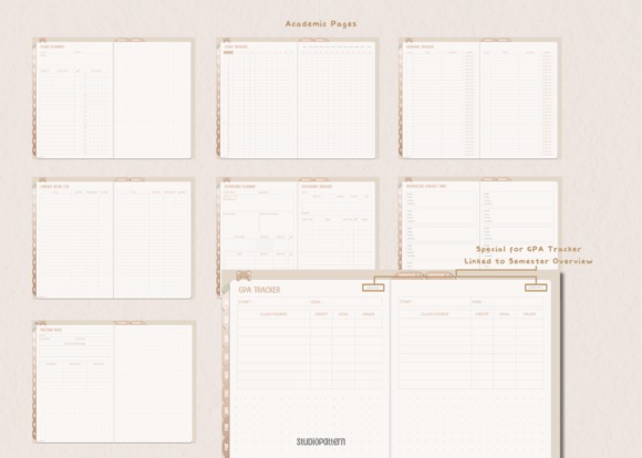 Goodnotes study planner template showing academic pages including GPA tracker and semester overview in a clean, minimal