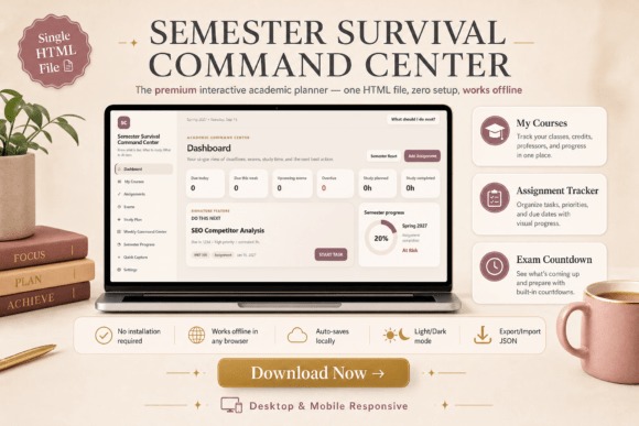 exam planner template showing semester survival command center dashboard with courses, assignment tracker, and exam countdown