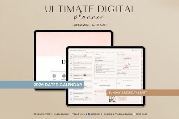 best planner template designs showing a fully hyperlinked landscape digital planner with daily, weekly, and monthly pages on