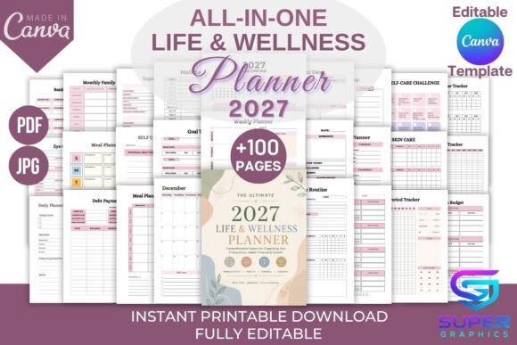 best planner template designs showing a 104-page all-in-one life and wellness planner with editable Canva templates in PDF