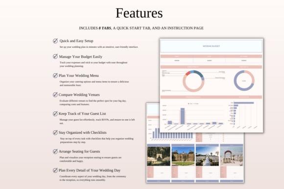 wedding planner templates spreadsheet showing budget dashboard, guest list, seating plan, and wedding-day itinerary features