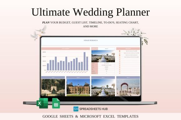 Ultimate wedding planner template on laptop screen showing budget charts, venue photos, and — wedding planner templates