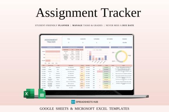 study planner template showing an assignment tracker spreadsheet on a laptop screen with task lists, charts, and progress