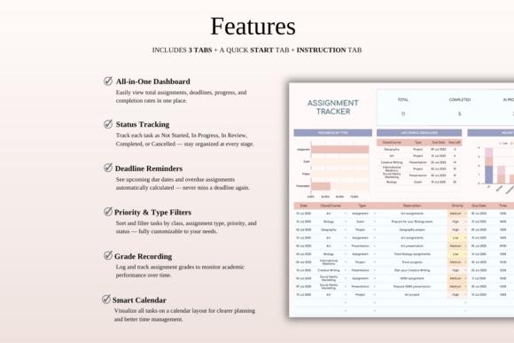 study planner template showing assignment tracker spreadsheet with deadlines, priorities, and progress tracking