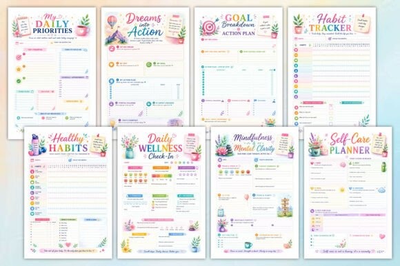 goal planner template pages including daily priorities, dreams into action, goal breakdown, habit tracker, healthy habits