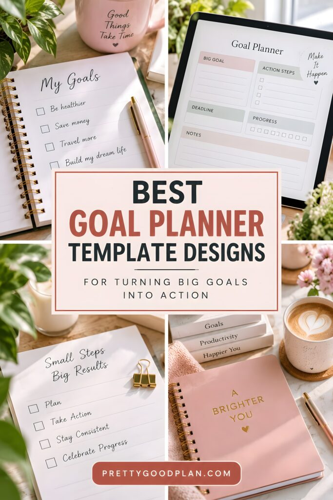 Collage of goal planner template designs including checklists, action steps, and motivational notebooks