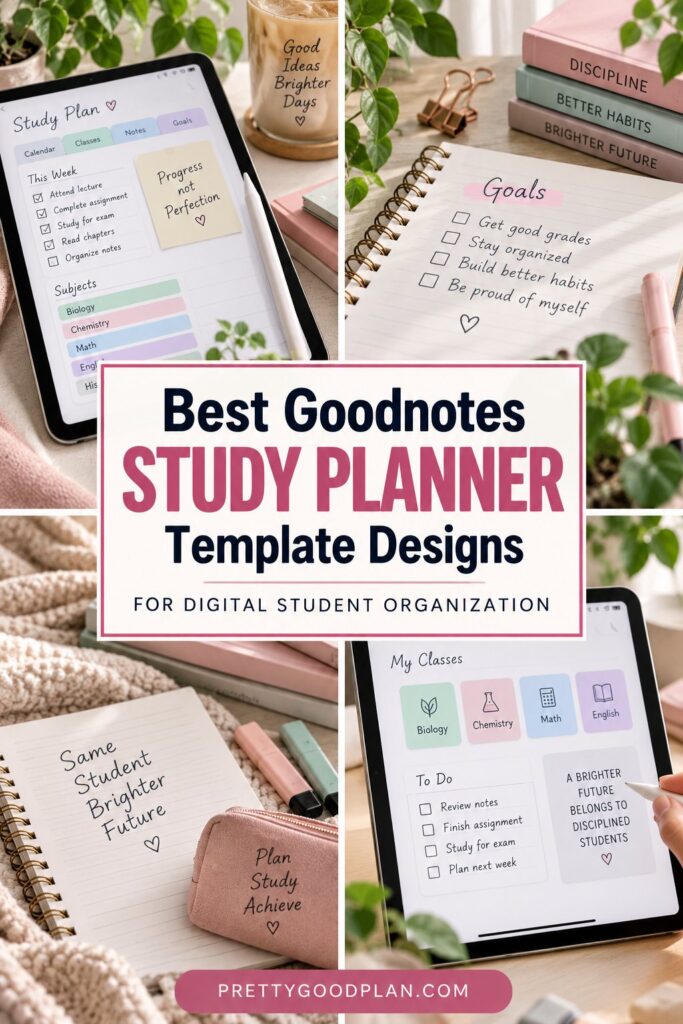 Goodnotes study planner template showing weekly study plan, goals checklist, and class organization on digital and paper