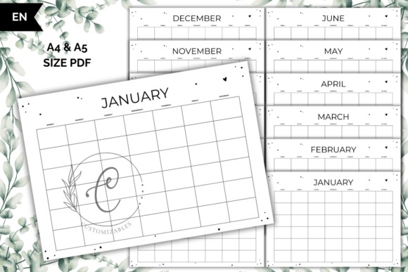 Minimalist black-and-white monthly planner template printable showing undated calendar pages for January through December in