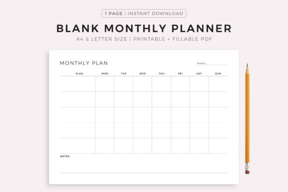 Blank monthly planner template in landscape layout with days of the week and notes section