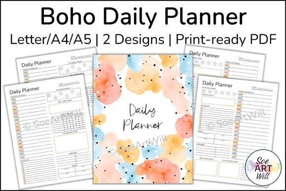 Boho daily planner template with detailed layout including schedule, to-do, focus, meals, expenses, habits, mood, self-care