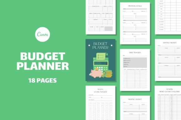 budget planner template with 18 printable pages including finance goals, debt tracker, and savings tracker on green