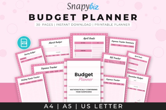 planner template for personal organization showing printable budget planner pages with trackers and monthly goals