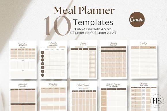 Editable planner templates showing 10 meal planner pages including weekly, monthly, pantry, freezer, and lunch planning