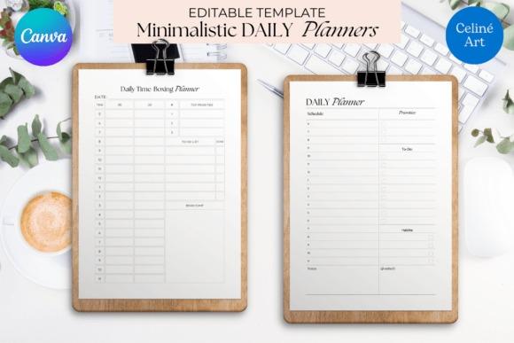Minimal planner template showing two daily planner layouts on clipboards with editable sections for schedule and tasks