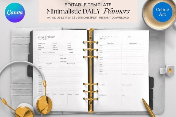 Editable planner templates showing minimalist daily planner pages in a ring binder with gold headphones and pen