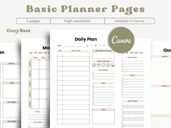 cute planner template designs showing daily, monthly, and quarterly planner pages with clean layout and soft colors