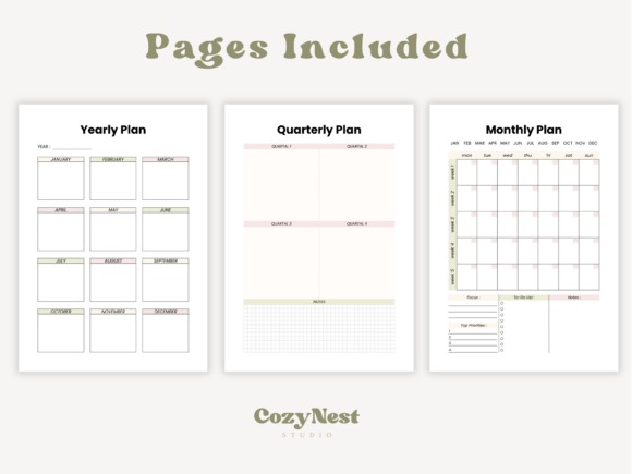 Cute planner template designs showing yearly, quarterly, and monthly plan pages with clean layout and soft colors