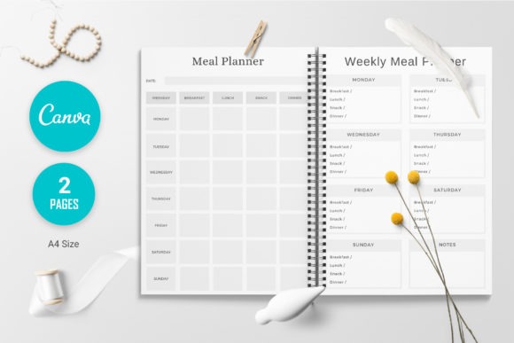 weekly meal planner template with two-page A4 layout showing days and meal sections