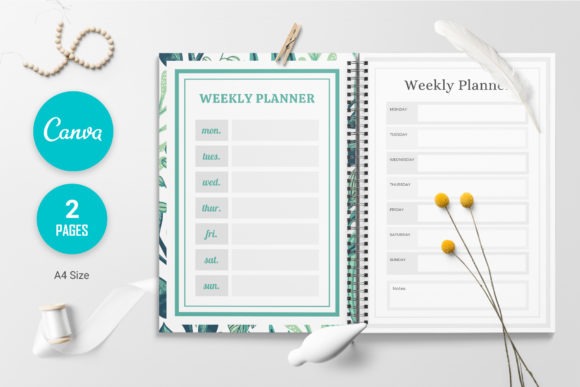 Weekly planner template with two A4 pages in a minimal Canva design showing days of the week and editable layout