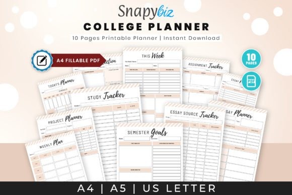 exam planner template showing printable college student planner pages for weekly, study, assignment, essay, and semester