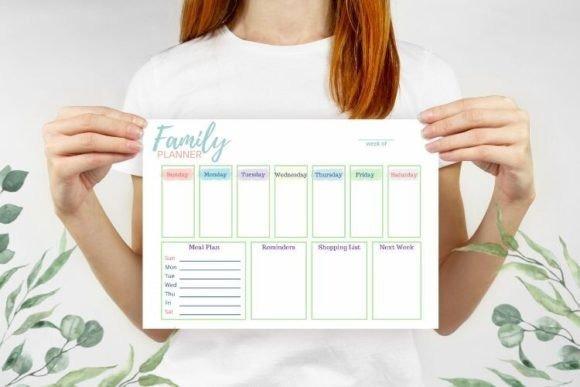 Printable weekly planner template with colorful days, meal plan, reminders, shopping list, and next week sections