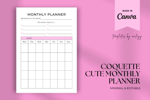 Coquette cute monthly planner template with pink accents, editable in Canva, featuring a monthly calendar grid and