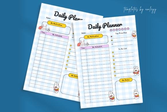 daily planner template with pastel blue checkered background featuring sections for motivation, schedule, priorities, to-do