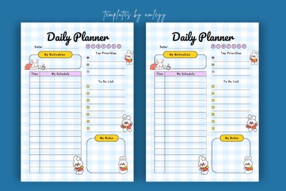 Daily planner template with pastel blue checkered background, sections for schedule, to-do list, priorities, notes, and cute