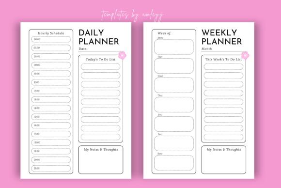 daily planner template with hourly schedule and to-do list alongside weekly planner with days and weekly to-do list in