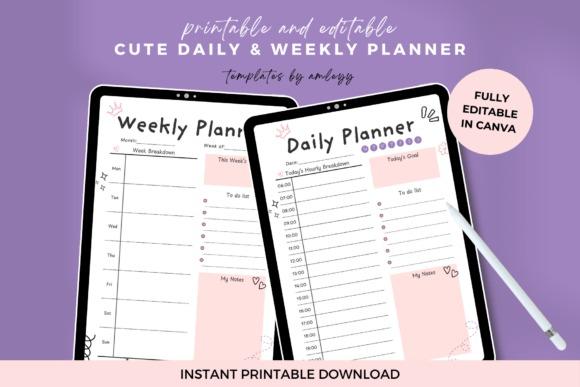 Cute planner template designs showing pastel daily and weekly planner pages editable in Canva on tablets