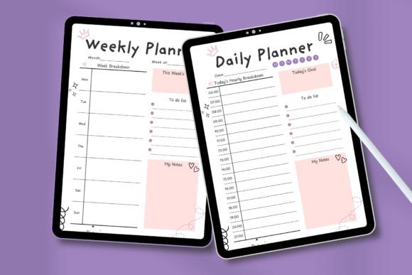 Cute planner template designs showing a pastel daily and weekly planner layout on tablets with schedules, to-do lists, and