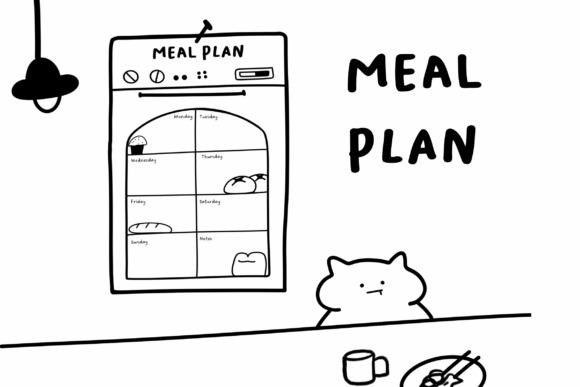 Cute meal planner template with weekly meal plan and playful cat illustration for meal planner templates
