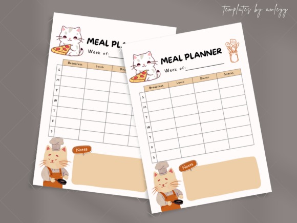 Cute planner template designs featuring a colorful weekly meal planner with breakfast, lunch, dinner, snacks, and notes